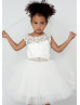 Ivory Lace Tulle V Back Tea Length Flower Girl Dress